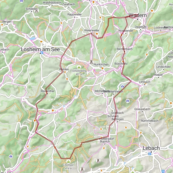 Map miniature of "Scenic Gravel Route to Litermont and Dompen" cycling inspiration in Saarland, Germany. Generated by Tarmacs.app cycling route planner