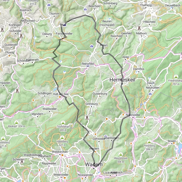 Map miniature of "Panoramic Road Cycling Tour from Wadern to Hermeskeil" cycling inspiration in Saarland, Germany. Generated by Tarmacs.app cycling route planner