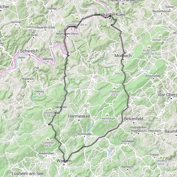Map miniature of "Ultimate Road Cycling Challenge: Wadern to Bernkastel-Kues" cycling inspiration in Saarland, Germany. Generated by Tarmacs.app cycling route planner