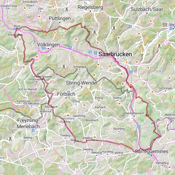 Karten-Miniaturansicht der Radinspiration "Gravelrunde über Bous und Petite-Rosselle" in Saarland, Germany. Erstellt vom Tarmacs.app-Routenplaner für Radtouren