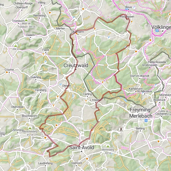 Karten-Miniaturansicht der Radinspiration "Gravel-Tour um Wadgassen" in Saarland, Germany. Erstellt vom Tarmacs.app-Routenplaner für Radtouren
