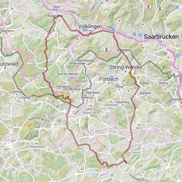 Map miniature of "Scenic Gravel Escape" cycling inspiration in Saarland, Germany. Generated by Tarmacs.app cycling route planner