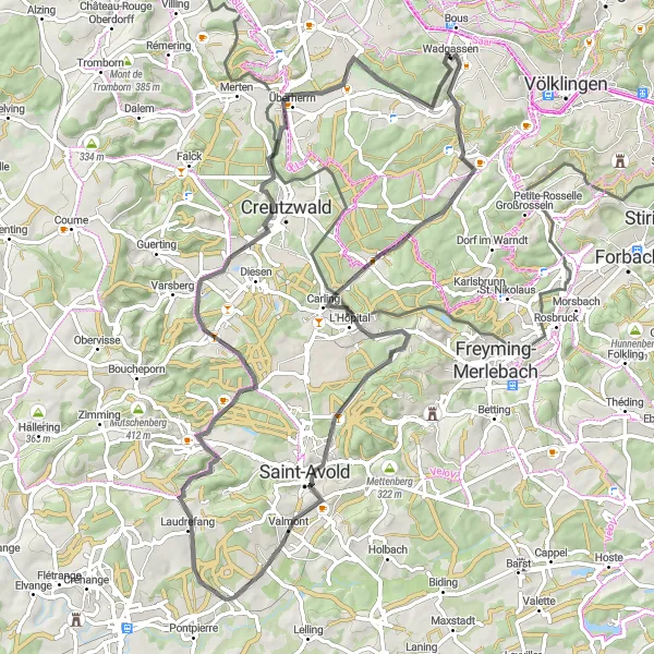 Map miniature of "Road Cycling Bliss" cycling inspiration in Saarland, Germany. Generated by Tarmacs.app cycling route planner