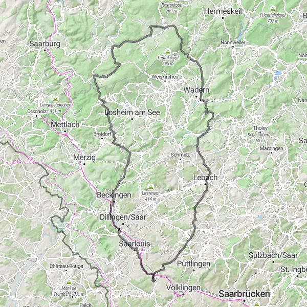 Karten-Miniaturansicht der Radinspiration "Roadtour durch Lisdorf und Hölzenberg" in Saarland, Germany. Erstellt vom Tarmacs.app-Routenplaner für Radtouren