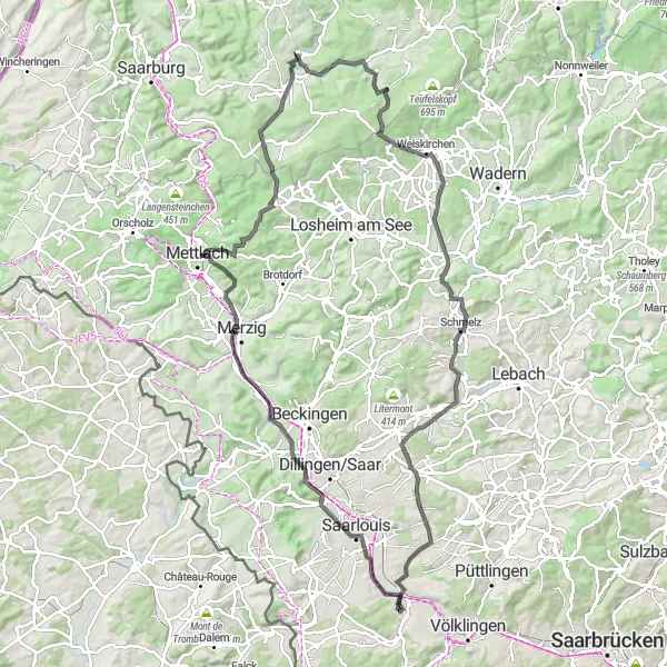 Karten-Miniaturansicht der Radinspiration "Roadtour durch Lisdorf und Köpfchen" in Saarland, Germany. Erstellt vom Tarmacs.app-Routenplaner für Radtouren