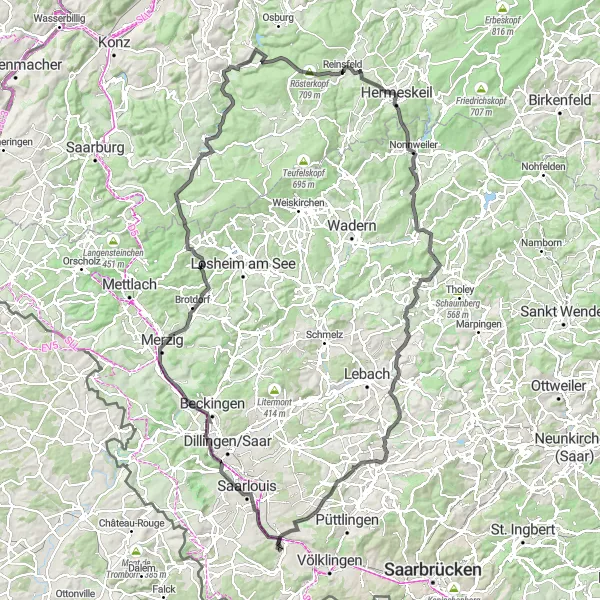 Karten-Miniaturansicht der Radinspiration "Roadtour durch Lisdorf und Nonnweiler" in Saarland, Germany. Erstellt vom Tarmacs.app-Routenplaner für Radtouren