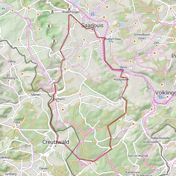 Karten-Miniaturansicht der Radinspiration "Gravel-Abenteuer rund um Wallerfangen" in Saarland, Germany. Erstellt vom Tarmacs.app-Routenplaner für Radtouren