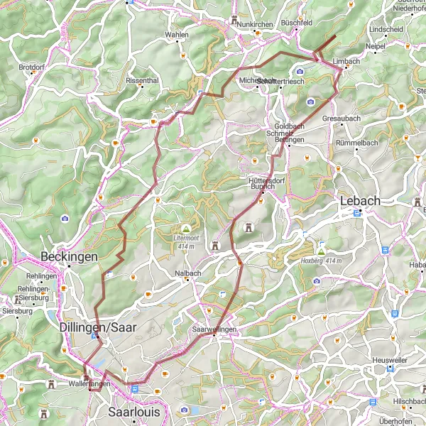 Karten-Miniaturansicht der Radinspiration "Dillingen/Saar - Katerturm Rundtour" in Saarland, Germany. Erstellt vom Tarmacs.app-Routenplaner für Radtouren
