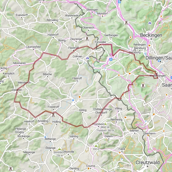 Map miniature of "Scenic Gravel Tour" cycling inspiration in Saarland, Germany. Generated by Tarmacs.app cycling route planner