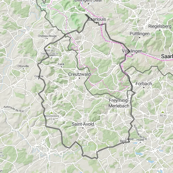 Map miniature of "Road Cycling Journey in Saarland" cycling inspiration in Saarland, Germany. Generated by Tarmacs.app cycling route planner