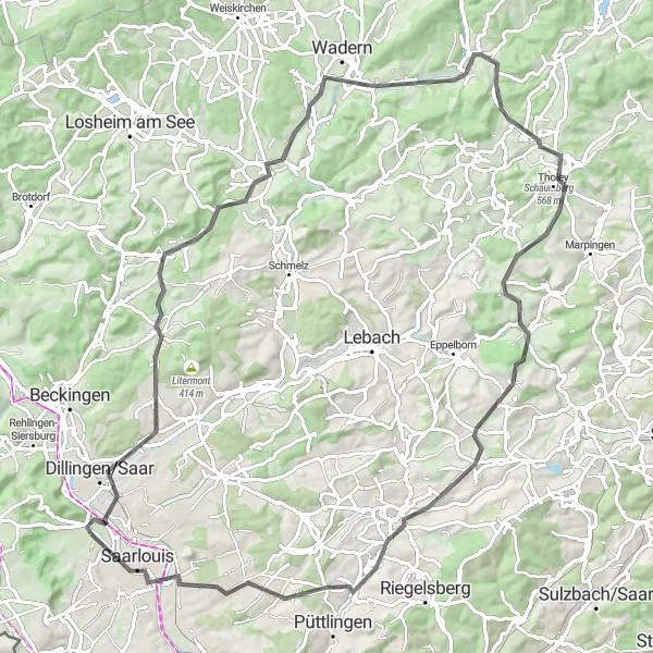 Karten-Miniaturansicht der Radinspiration "Dillingen/Saar - Saarlouis Rundtour" in Saarland, Germany. Erstellt vom Tarmacs.app-Routenplaner für Radtouren