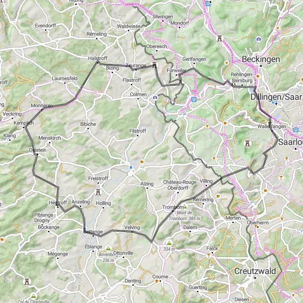 Karten-Miniaturansicht der Radinspiration "Routen in der Nähe von Wallerfangen entdecken" in Saarland, Germany. Erstellt vom Tarmacs.app-Routenplaner für Radtouren