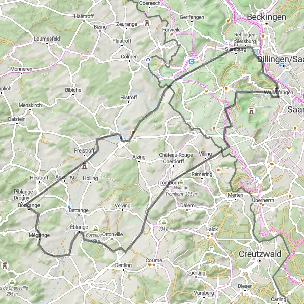 Karten-Miniaturansicht der Radinspiration "Rundtour Wallerfangen - Aussicht zw. Bäumen" in Saarland, Germany. Erstellt vom Tarmacs.app-Routenplaner für Radtouren