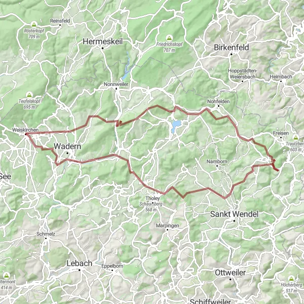 Karten-Miniaturansicht der Radinspiration "Abenteuerliche Gravel-Tour durch den Saarland Wald" in Saarland, Germany. Erstellt vom Tarmacs.app-Routenplaner für Radtouren