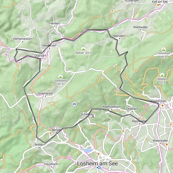 Karten-Miniaturansicht der Radinspiration "Kurze Roadbike-Tour mit herrlichen Aussichten" in Saarland, Germany. Erstellt vom Tarmacs.app-Routenplaner für Radtouren