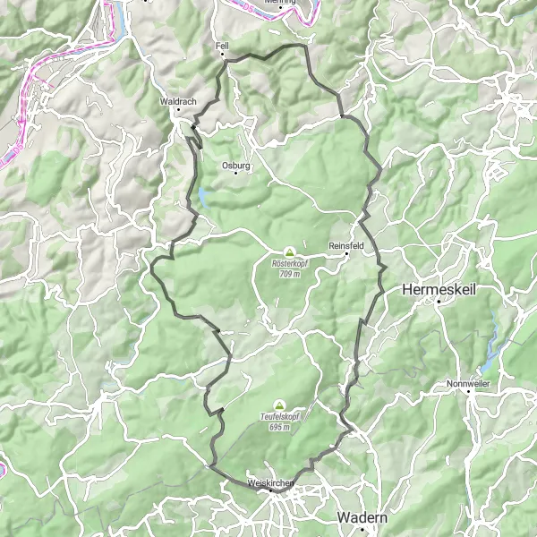 Karten-Miniaturansicht der Radinspiration "Hügeliges Abenteuer rund um Weiskirchen" in Saarland, Germany. Erstellt vom Tarmacs.app-Routenplaner für Radtouren