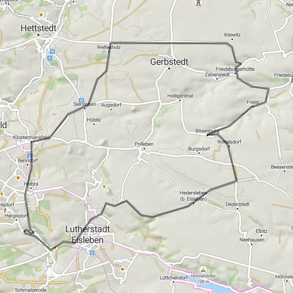 Map miniature of "The Helbra Route" cycling inspiration in Sachsen-Anhalt, Germany. Generated by Tarmacs.app cycling route planner