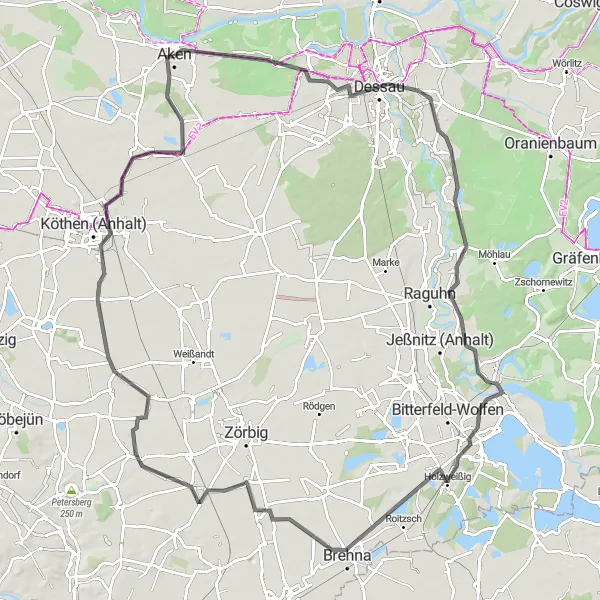 Karten-Miniaturansicht der Radinspiration "Rund um Aken und Bitterfelder Bogen" in Sachsen-Anhalt, Germany. Erstellt vom Tarmacs.app-Routenplaner für Radtouren