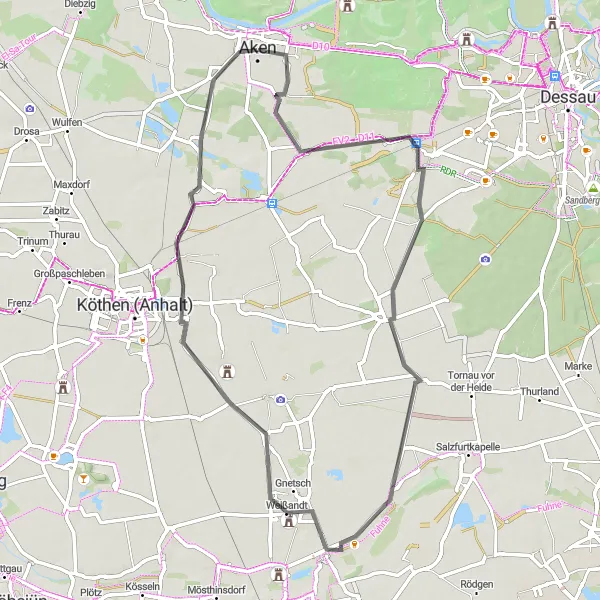 Karten-Miniaturansicht der Radinspiration "Rundtour um Reppichau und Pißdorf" in Sachsen-Anhalt, Germany. Erstellt vom Tarmacs.app-Routenplaner für Radtouren