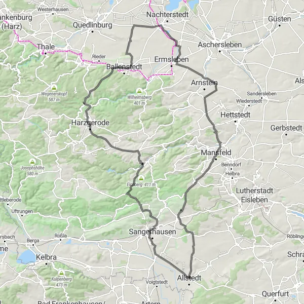 Map miniature of "Allstedt to the Mägdetrappe" cycling inspiration in Sachsen-Anhalt, Germany. Generated by Tarmacs.app cycling route planner