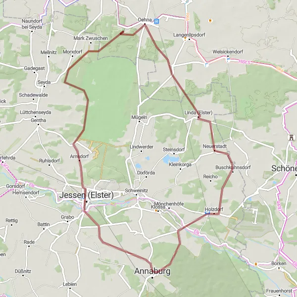 Map miniature of "Annaburg to Jessen (Elster) Gravel Route" cycling inspiration in Sachsen-Anhalt, Germany. Generated by Tarmacs.app cycling route planner