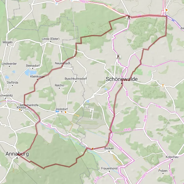 Map miniature of "Rural Adventure to Schloss Annaburg" cycling inspiration in Sachsen-Anhalt, Germany. Generated by Tarmacs.app cycling route planner