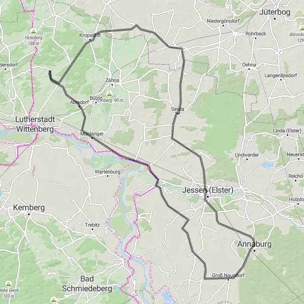 Karten-Miniaturansicht der Radinspiration "Rundtour von Annaburg nach Jessen (Elster) und zurück" in Sachsen-Anhalt, Germany. Erstellt vom Tarmacs.app-Routenplaner für Radtouren