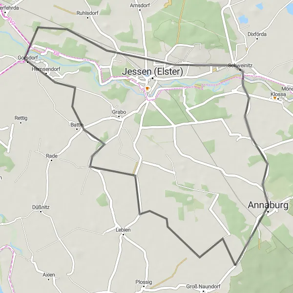 Map miniature of "Schloss Annaburg to Purzien Road Route" cycling inspiration in Sachsen-Anhalt, Germany. Generated by Tarmacs.app cycling route planner