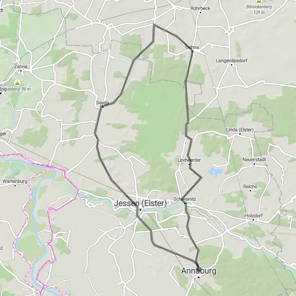 Map miniature of "Annaburg to Jessen (Elster)" cycling inspiration in Sachsen-Anhalt, Germany. Generated by Tarmacs.app cycling route planner