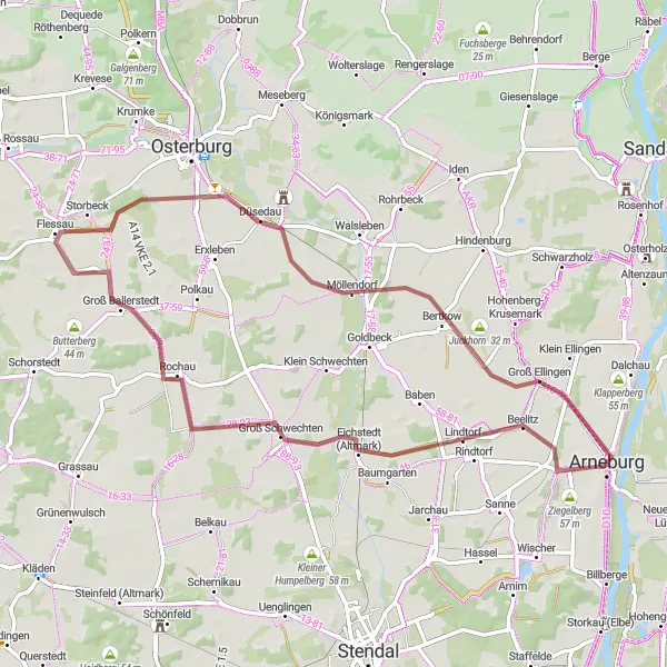 Map miniature of "Arneburg to Kiebitzberg Gravel Route" cycling inspiration in Sachsen-Anhalt, Germany. Generated by Tarmacs.app cycling route planner