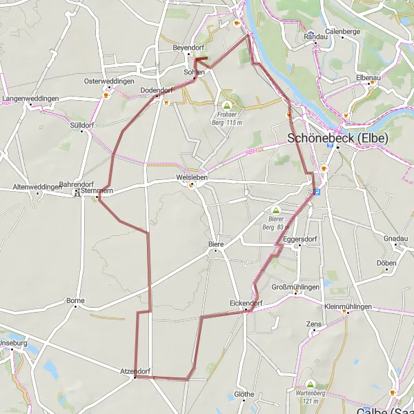 Map miniature of "Cycling around Atzendorf: Stemmern, Dodendorf, Großer Riesenberg, Bad Salzelmen, Eickendorf" cycling inspiration in Sachsen-Anhalt, Germany. Generated by Tarmacs.app cycling route planner