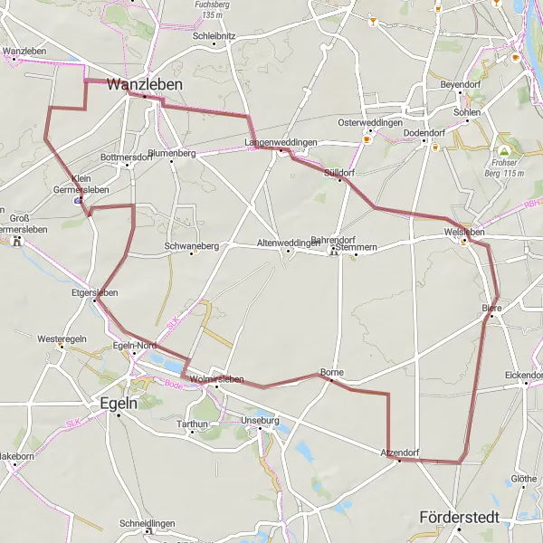 Map miniature of "Historic Gravel Route: Wolmirsleben, Etgersleben, Blaue Warte, Wanzleben, Langenweddingen, Heßberg, Welsleben" cycling inspiration in Sachsen-Anhalt, Germany. Generated by Tarmacs.app cycling route planner