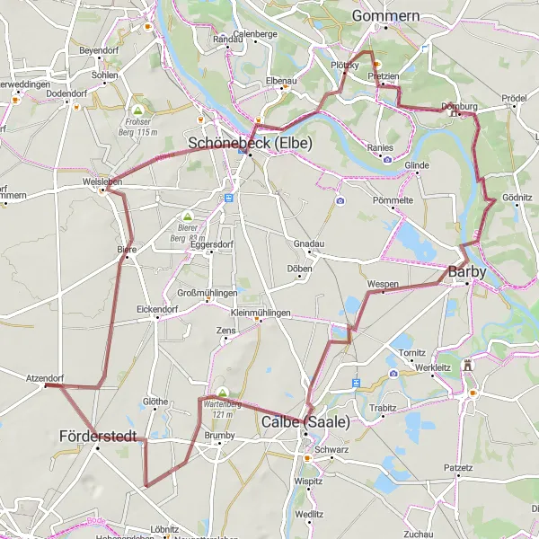 Map miniature of "Picturesque Gravel Cycling Route: Welsleben, Hummelberg, Pretzien, Wespen, Calbe (Saale), Bismarckturm, Förderstedt" cycling inspiration in Sachsen-Anhalt, Germany. Generated by Tarmacs.app cycling route planner