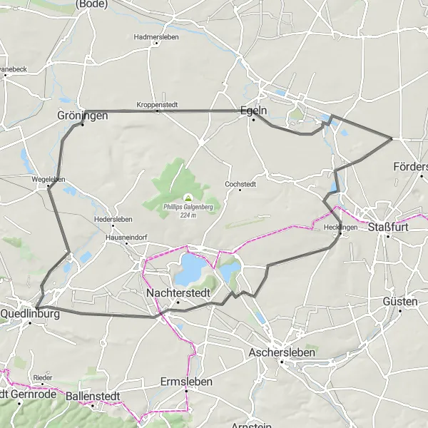 Map miniature of "Road Cycling Adventure: Hecklingen, Drell-Berg, Stadt Hoym/Anhalt, Bismarckturm Quedlinburg, Quedlinburg, Gröningen, Kepper-Berg, Egeln" cycling inspiration in Sachsen-Anhalt, Germany. Generated by Tarmacs.app cycling route planner