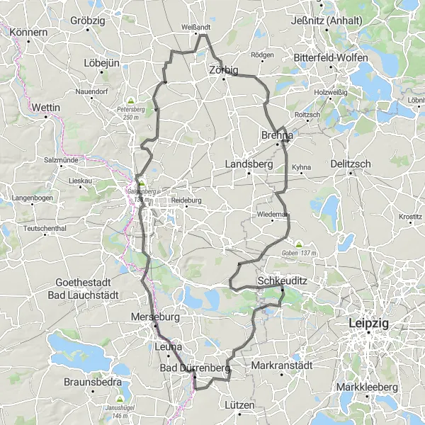 Map miniature of "Road Cycling Route near Bad Dürrenberg" cycling inspiration in Sachsen-Anhalt, Germany. Generated by Tarmacs.app cycling route planner