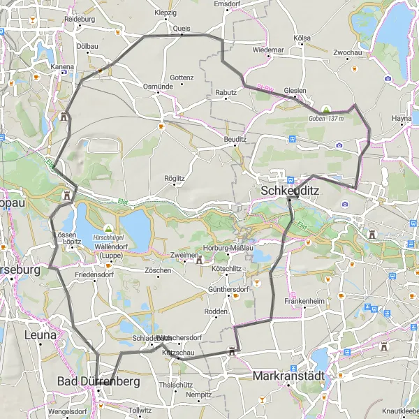 Map miniature of "The Kreypau Loop" cycling inspiration in Sachsen-Anhalt, Germany. Generated by Tarmacs.app cycling route planner