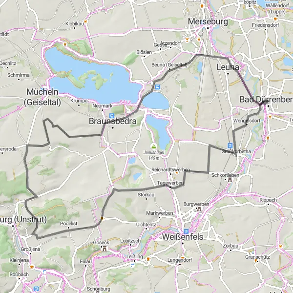 Map miniature of "Bad Dürrenberg and the Surrounding Countryside" cycling inspiration in Sachsen-Anhalt, Germany. Generated by Tarmacs.app cycling route planner