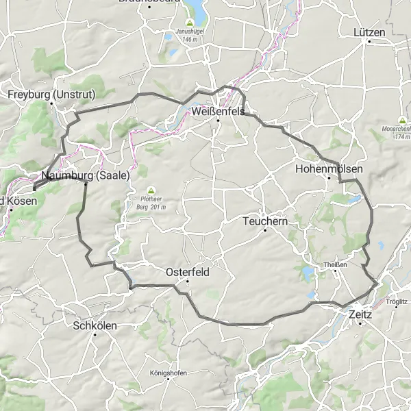 Map miniature of "Observatory and Castles" cycling inspiration in Sachsen-Anhalt, Germany. Generated by Tarmacs.app cycling route planner