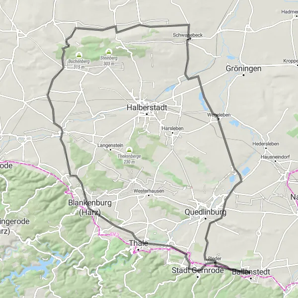 Map miniature of "Road Route: Ballenstedt to Ballenstedt" cycling inspiration in Sachsen-Anhalt, Germany. Generated by Tarmacs.app cycling route planner