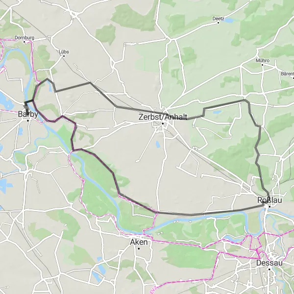 Karten-Miniaturansicht der Radinspiration "Rundweg von Barby über Roßlau und Zerbst/Anhalt" in Sachsen-Anhalt, Germany. Erstellt vom Tarmacs.app-Routenplaner für Radtouren