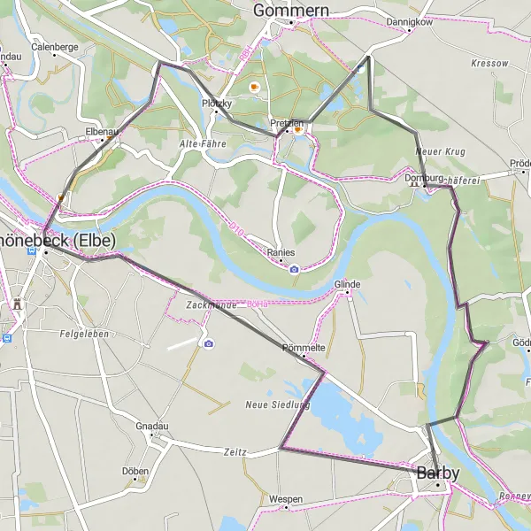 Map miniature of "Schönebeck (Elbe) - Pretzien - Dornburg - Prinzeßchen" cycling inspiration in Sachsen-Anhalt, Germany. Generated by Tarmacs.app cycling route planner