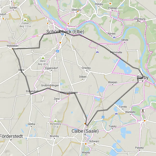 Map miniature of "Calbe (Saale) - Kirchberg - Biere - Spitzer Berg - Schönebeck (Elbe) - Pömmelte" cycling inspiration in Sachsen-Anhalt, Germany. Generated by Tarmacs.app cycling route planner
