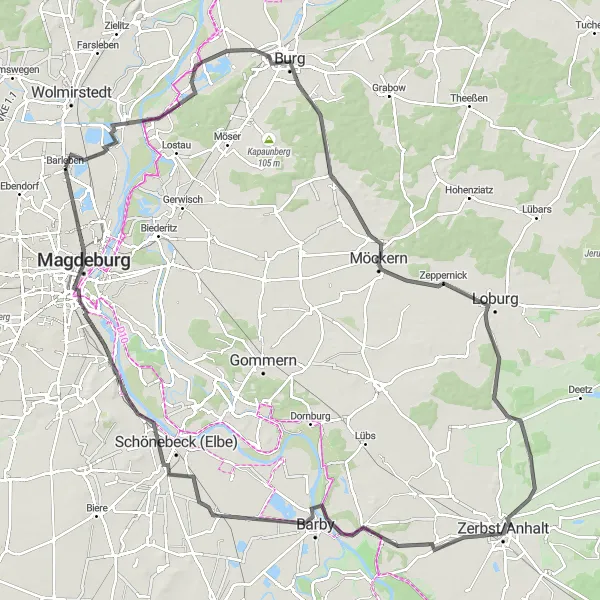 Map miniature of "Scenic Road Loop: Barleben and Beyond" cycling inspiration in Sachsen-Anhalt, Germany. Generated by Tarmacs.app cycling route planner