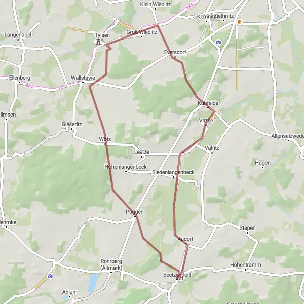 Map miniature of "Kuhfelde Gravel Trail" cycling inspiration in Sachsen-Anhalt, Germany. Generated by Tarmacs.app cycling route planner