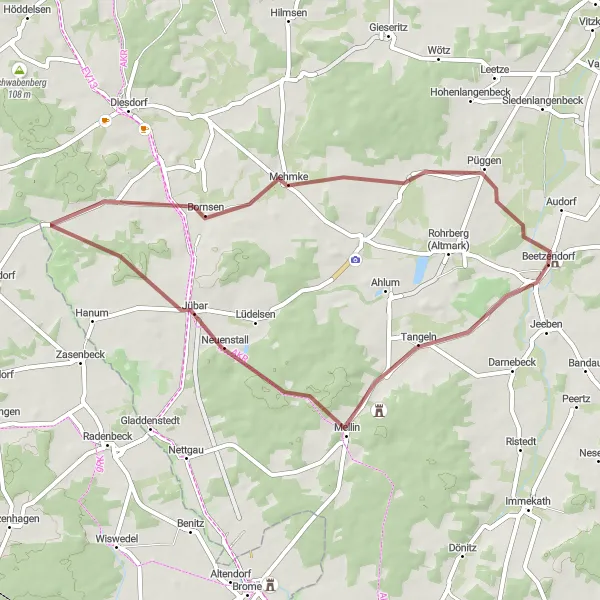 Map miniature of "Discover the Countryside near Beetzendorf" cycling inspiration in Sachsen-Anhalt, Germany. Generated by Tarmacs.app cycling route planner