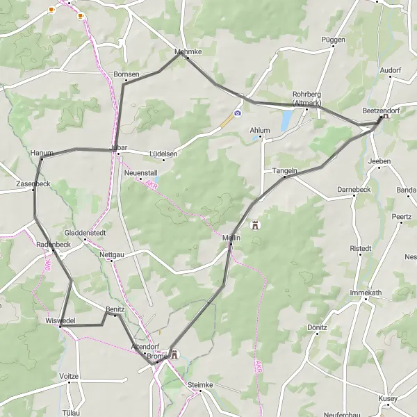 Map miniature of "Brome Circuit" cycling inspiration in Sachsen-Anhalt, Germany. Generated by Tarmacs.app cycling route planner