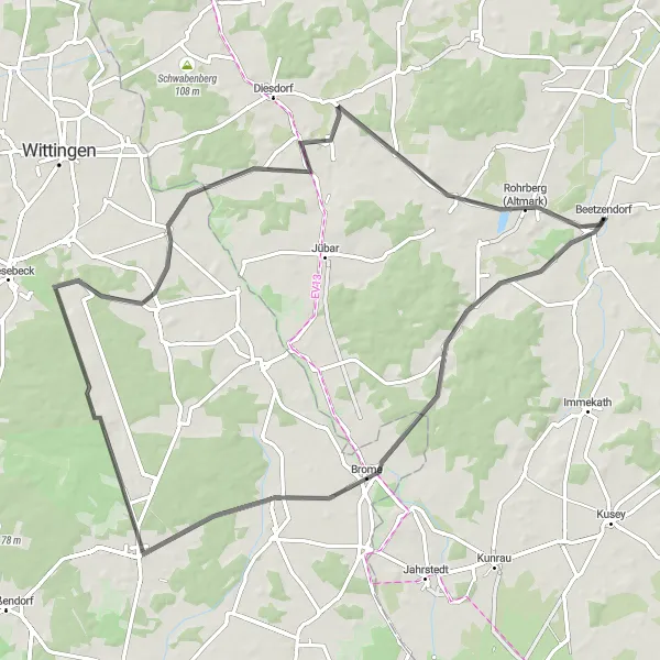 Map miniature of "Scenic Road Cycling Tour Near Beetzendorf" cycling inspiration in Sachsen-Anhalt, Germany. Generated by Tarmacs.app cycling route planner