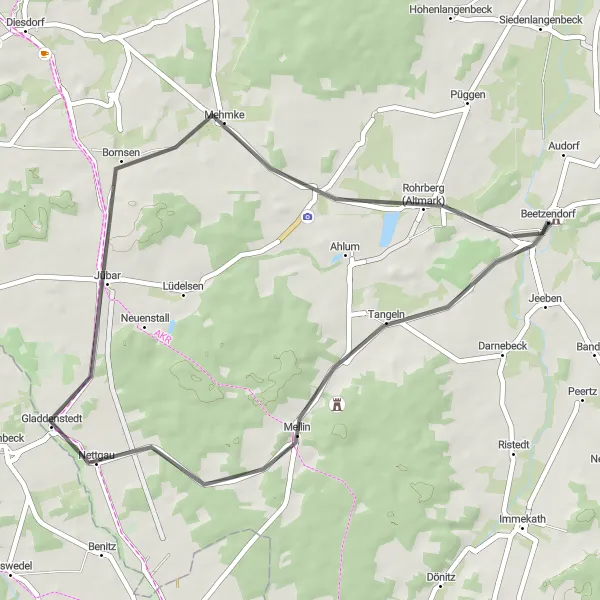 Map miniature of "Jübar Loop" cycling inspiration in Sachsen-Anhalt, Germany. Generated by Tarmacs.app cycling route planner