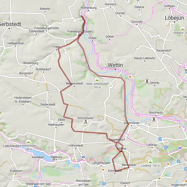 Map miniature of "Saale Durchbruchstal Gravel Ride" cycling inspiration in Sachsen-Anhalt, Germany. Generated by Tarmacs.app cycling route planner