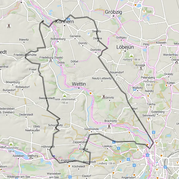 Map miniature of "Könnern - Domnitz Road Challenge" cycling inspiration in Sachsen-Anhalt, Germany. Generated by Tarmacs.app cycling route planner